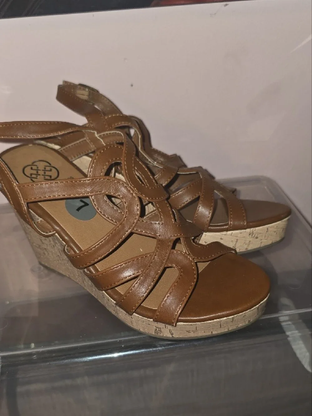 Tan Leather Strappy Cork Wedge Sandals